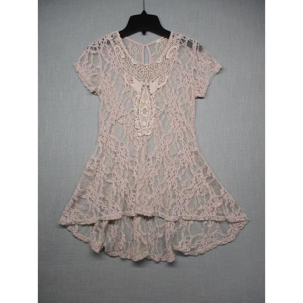 Lovelle Light Pink Crochet Lace Ruffle Hem Blouse‎ Tunic Womens Small